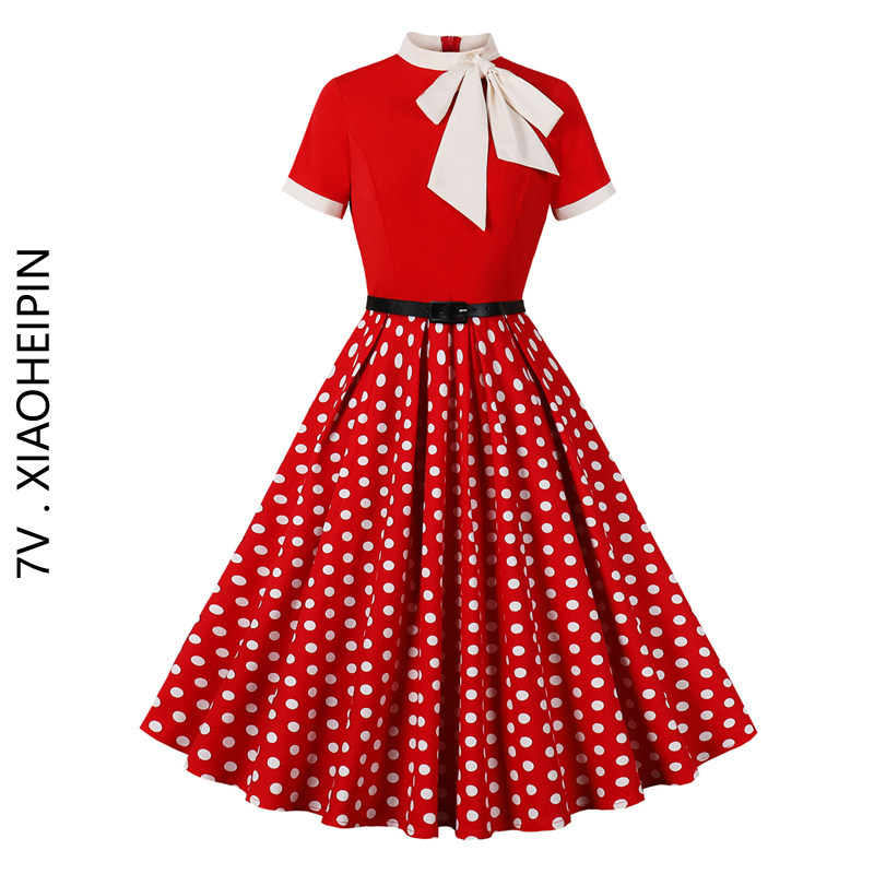 赫本风80年代感飘带立领气质洋气短袖收腰拼接大摆蓬蓬波点连衣裙