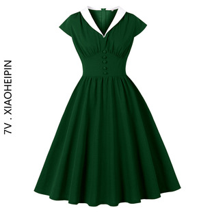 复古墨绿色翻领收腰大摆裙中长气质显瘦派对度假赫本风连衣裙 法式