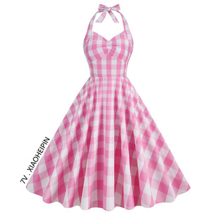 港风少女甜美粉色格子挂脖连衣裙露背度假表演出大摆收腰中长裙子