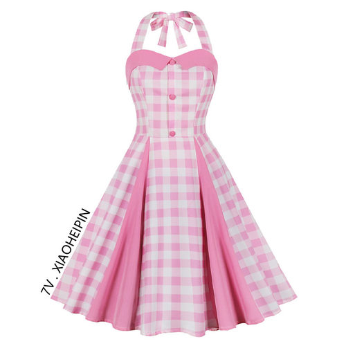 美式复古大摆挂脖连衣裙