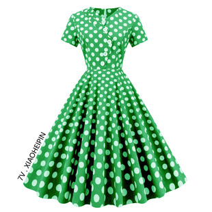 收腰中长大摆波点连衣裙夏复古港风年代感演出服 短袖 欧美大码 女装