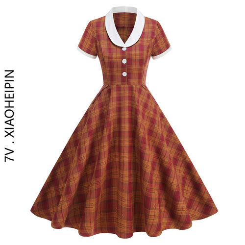 复古文艺英伦风气质翻领短袖女装收腰大摆年会派对度假格子连衣裙