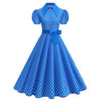 American era vintage women's dress, plus-size, elegant and youthful retro puffed sleeves, lapel polka dot dress, large skirt thumbnail 4