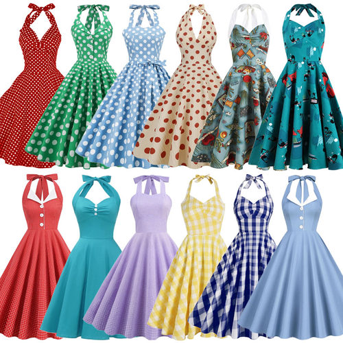 复古年代感大摆裙波点挂脖连衣裙