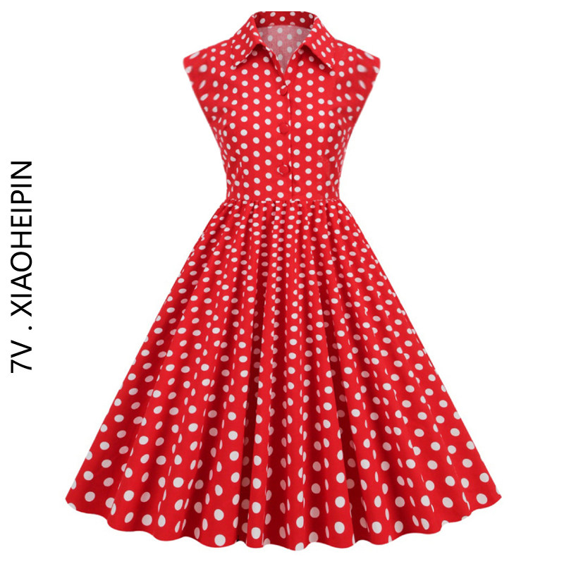 法式复古年代感港风翻领无袖收腰红色波点连衣裙子大摆派对表演出