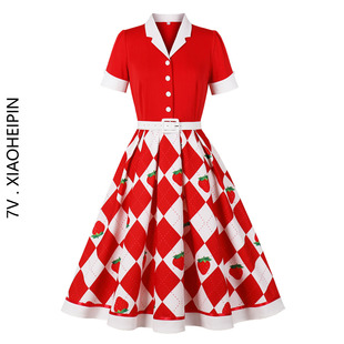 显瘦女装 欧美复古红色几何印花草莓拼接西装 大码 短袖 连衣裙 领衬衫