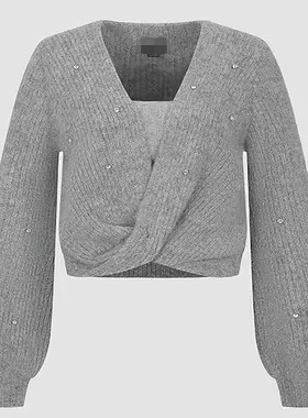 URAX秋冬季新款甜美短款简约格雷系钉珠装饰扭结针织衫QM