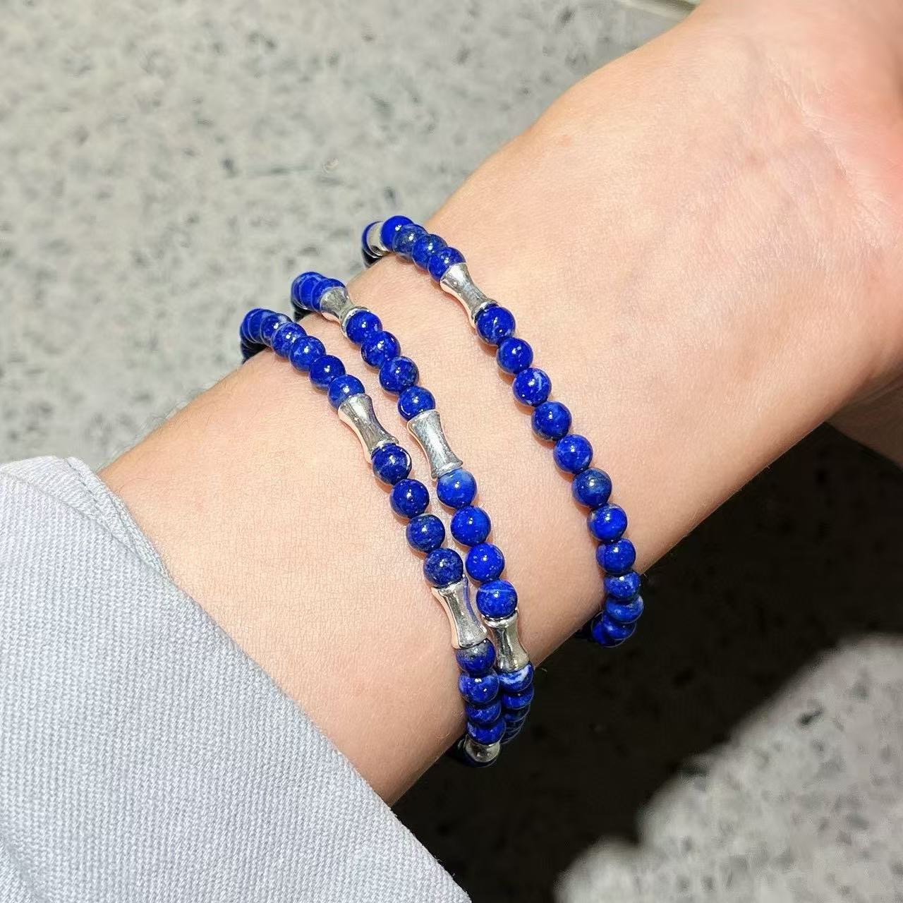 天然青金石s925银竹节手链女款单圈手串送节节高招财手链