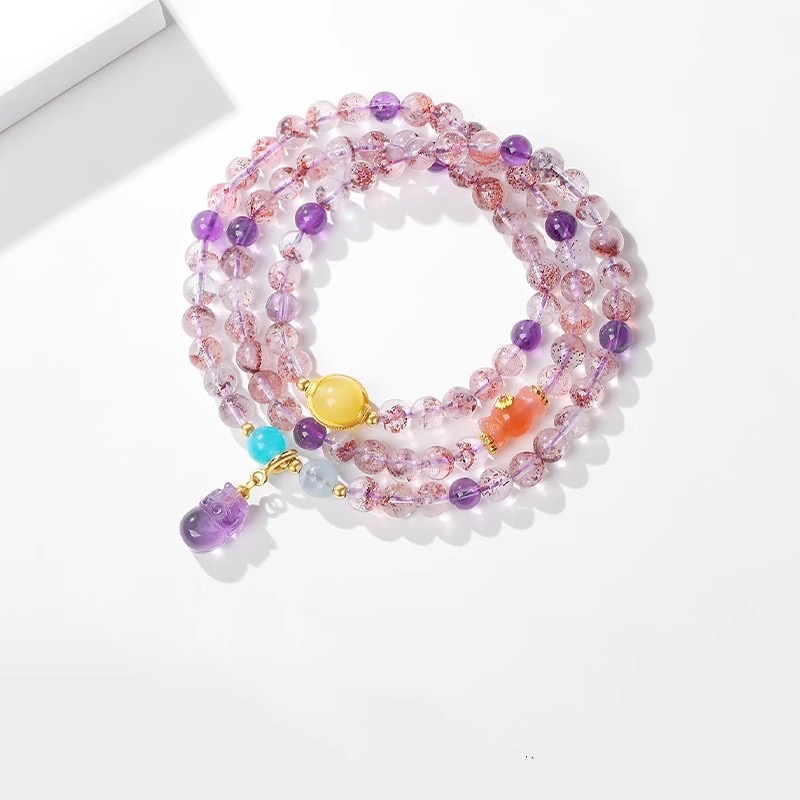 天然水晶手链女超七紫发晶多层手串紫水晶貔貅蜜蜡多宝新中式串珠