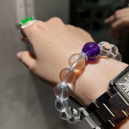 天然12mm白水晶14mm紫水晶手链单圈大咪手串送礼物招财转运珠手链