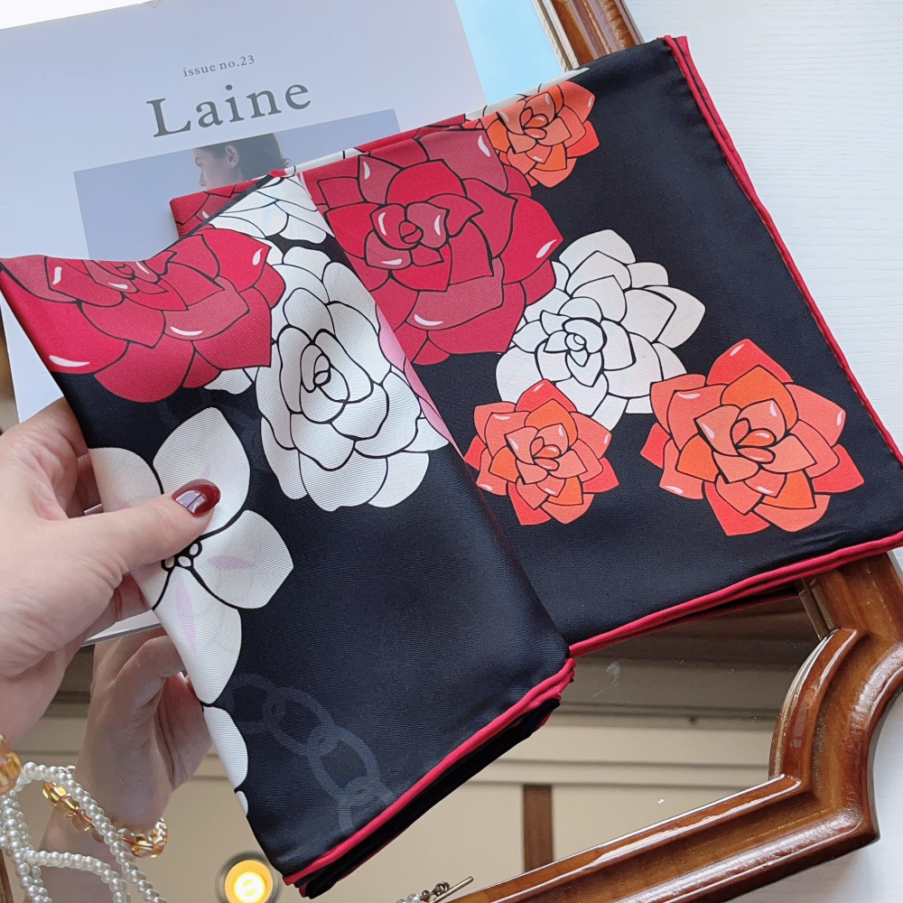 【绯墨山茶】真丝丝巾女法式山茶花90斜纹绸桑蚕丝披肩百搭