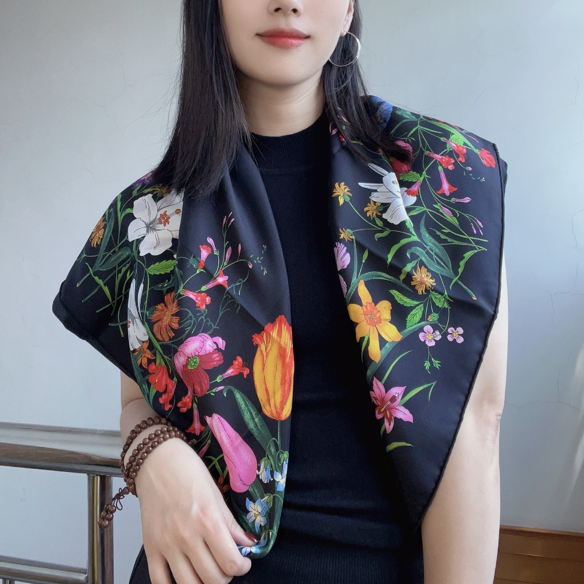 金靖同款丝巾100%桑蚕丝G家花卉90cm金婧围巾真丝披肩系脖高级感