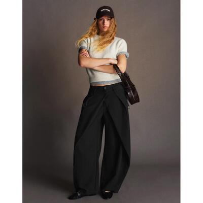 Bershka 女子黑色皱褶卡桶裤英国正品代购2026年春时尚低腰休闲裤
