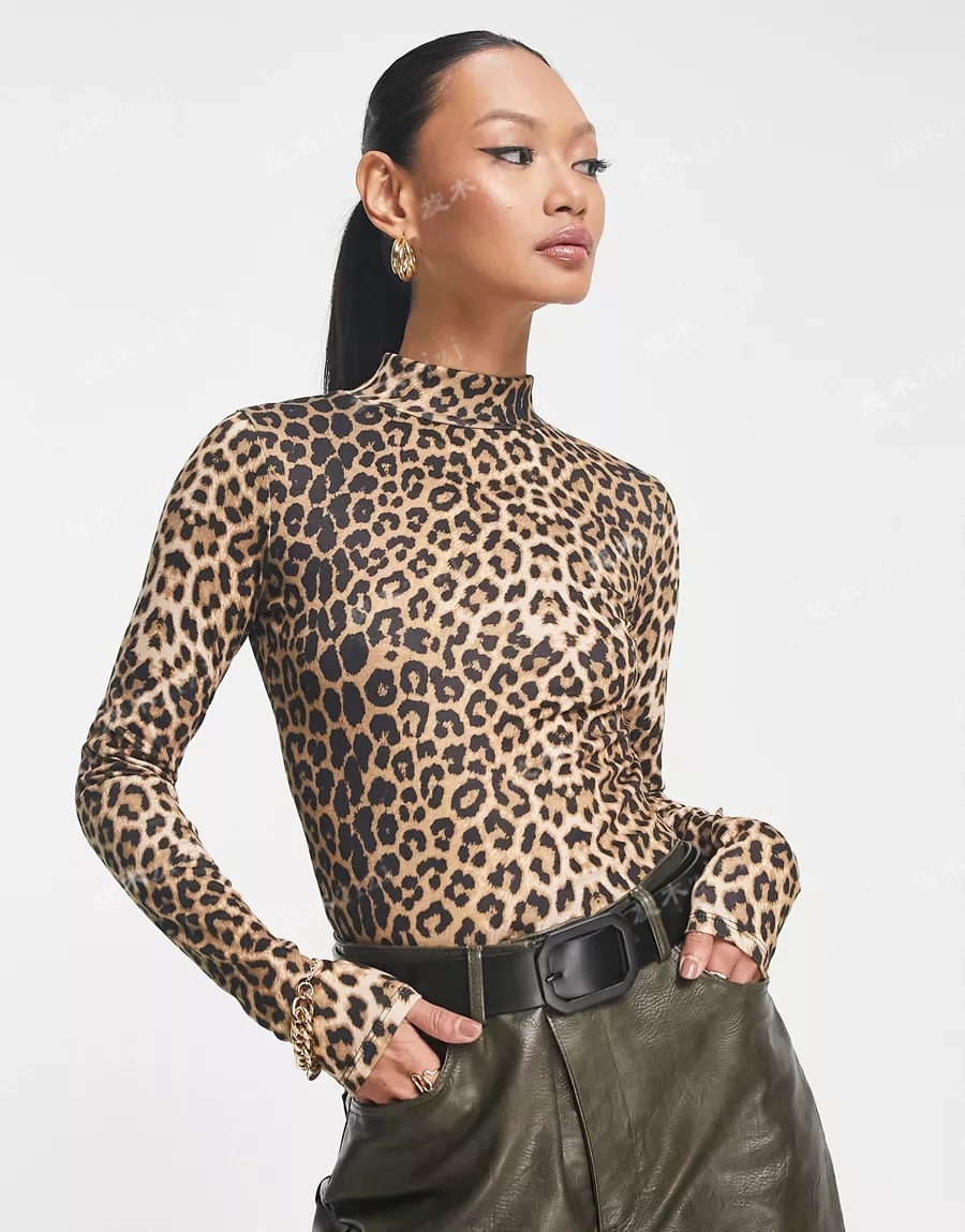 时尚豹纹花纹打底衫高领紧身潮女长袖上衣 英国正品代购2022秋