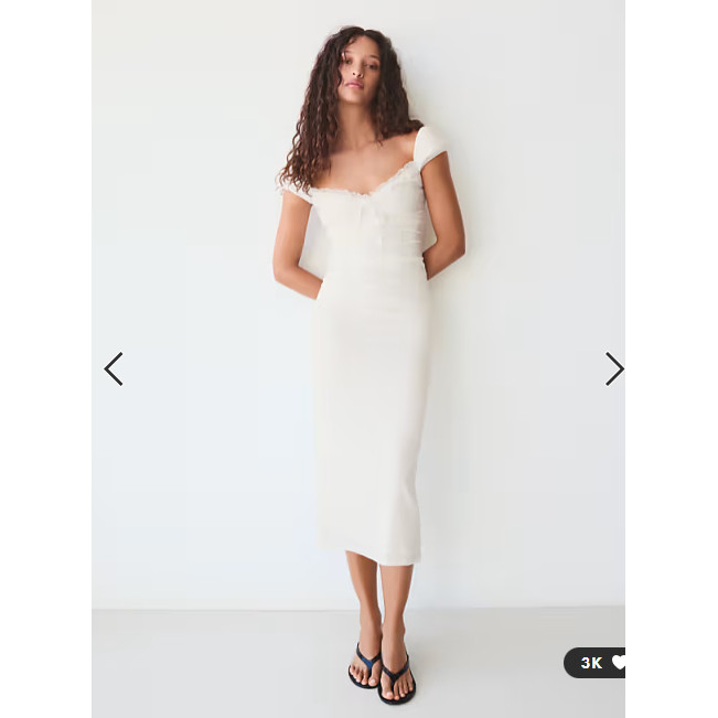 Bershka女白色蕾丝褶皱中长裙英国正品代购2026夏修身气质连衣裙