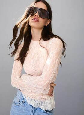 Bershka女子纯色蕾丝皱褶长袖上衣英国代购2026春百搭打底衫