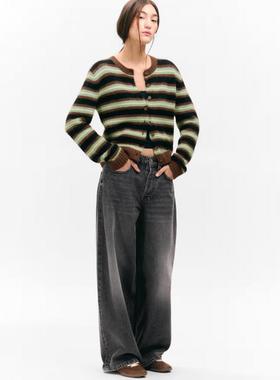 女子时尚绿色条纹开襟毛衣英国正品代购2025年冬百搭休闲针织衫