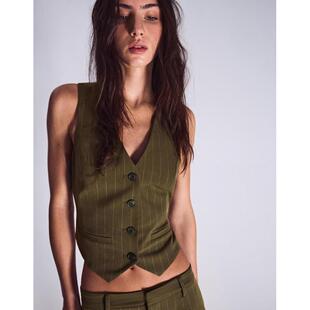 Bershka女子卡其色后扣设计条纹背心英国代购2026春修身马甲