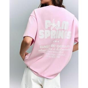 Bershka女子粉色印花全棉短袖T恤英国代购2026年春休闲圆领衫