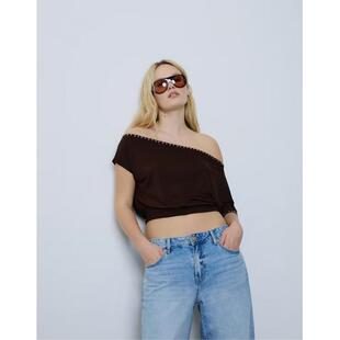 不对称钉珠棕色短袖 短款 T恤英国正品 2026春修身 上衣 代购 女子时尚