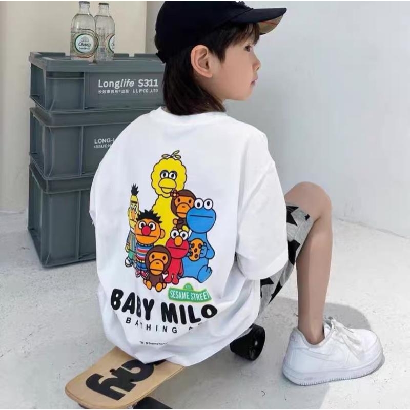 日系潮牌芝麻街儿童卡通休闲体恤夏装男童纯棉短袖T恤女童中小童