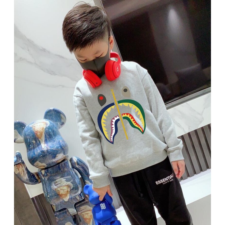 日系潮牌鲨鱼儿童圆领卫衣男女童纯棉加绒打底上衣中大童套头衫