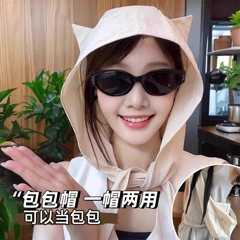 可爱小恶魔耳朵防晒套头渔夫帽子女春夏季薄款遮阳防紫外线包头帽