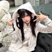 doll感学院风蕾丝连帽短款 本治高等原创 素信笺卫衣 外套灰色上衣