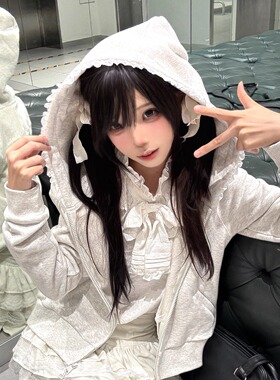 本治高等原创 素信笺卫衣*doll感学院风蕾丝连帽短款外套灰色上衣