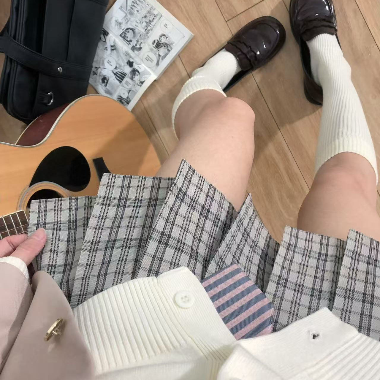 绫原秋/本治高等原创jk制服棕灰粉百褶格裙秋冬女半身裙学院风tr