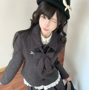 赫礼颂/本治高等学院制服格雷系优雅毛呢外套蕾丝新春套装