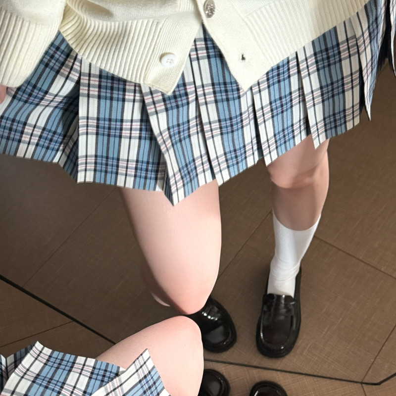 蓝莓冰/本治高等原创jk制服蓝白色校供感百褶格裙春夏女半身裙