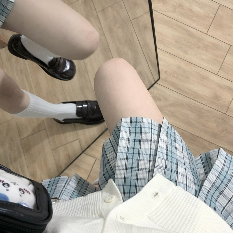 薄荷岛/本治高等原创校供 春夏绿格jk制服格裙百褶裙女 a字裙半身