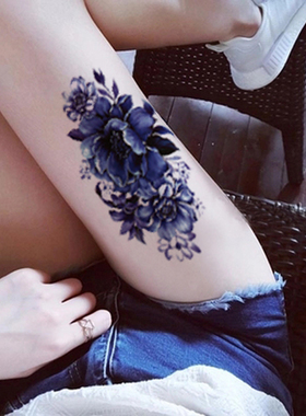 6张性感蓝色牡丹玫瑰花朵纹身防水仿真肚子腿部背剖腹疤痕持久