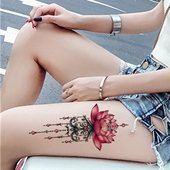 3张古风粉色莲花纹身贴防水女性感荷花妊娠纹遮疤彩色花朵肚刺青