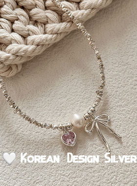 蝴蝶结粉钻S925纯银甜美少女心粉色爱心蝴蝶结珍珠碎银子手链手环