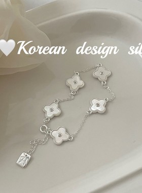 韩版Ins风简约设计银饰品 925纯银 贝母四叶草手链简约叠戴百搭女