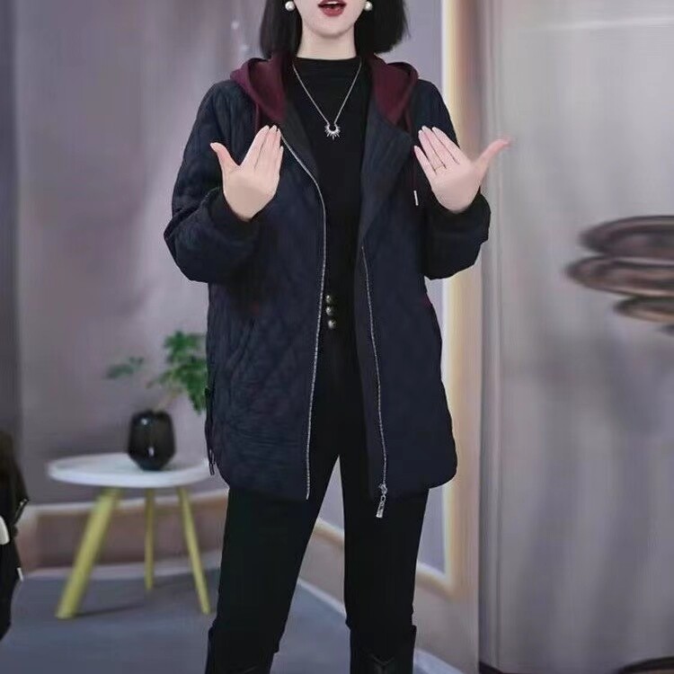 菱形格中长版棉服外套女冬季新款H洋派妈妈装宽松显瘦连帽上衣