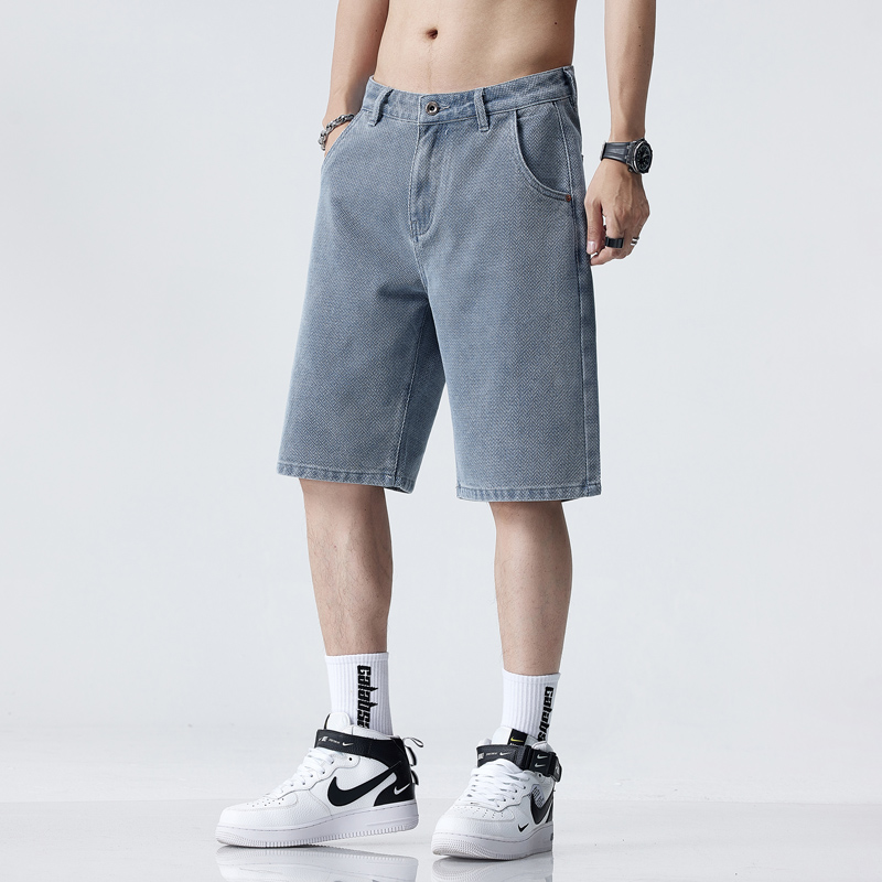 开档隐形拉链不退2025星空纹牛仔中裤浅蓝色牛仔六分裤宽松潮流男