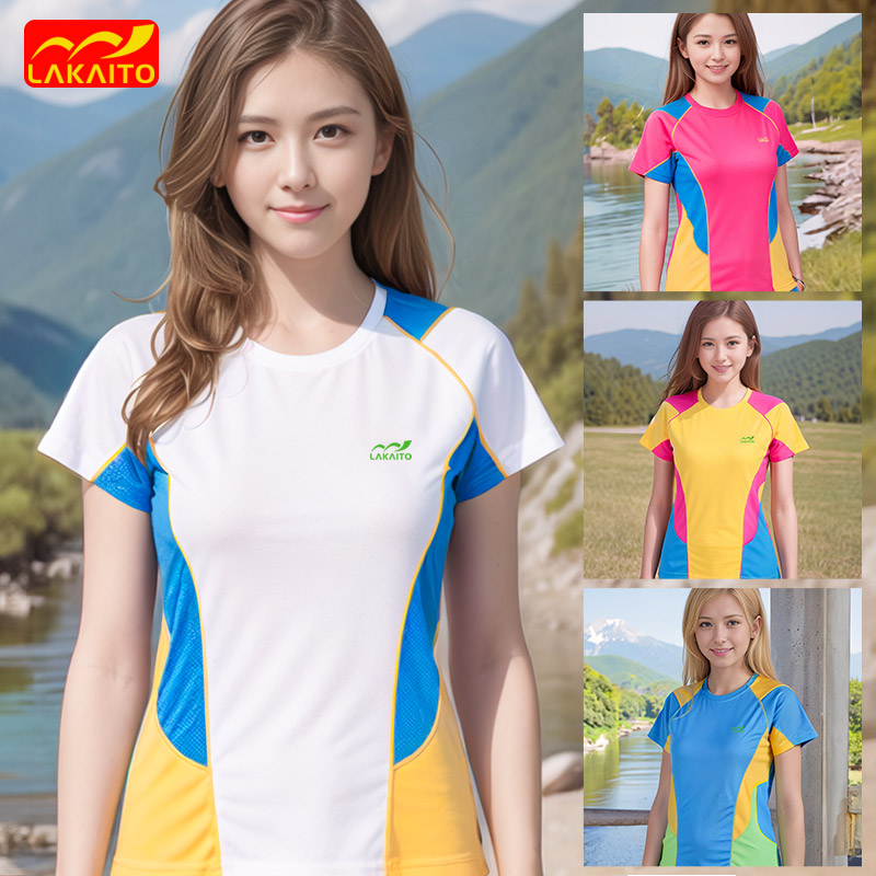 登山速干衣女短袖圆领徒步拼色户外运动上衣夏季排汗爬山快干t恤