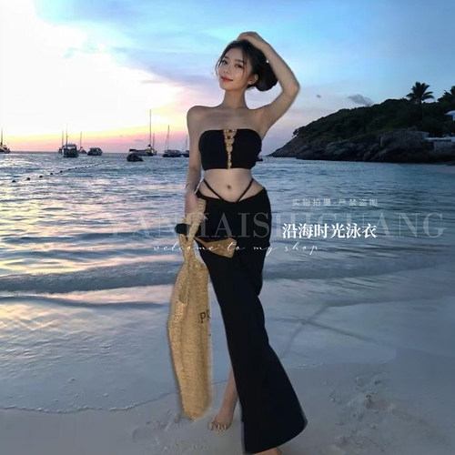 比基尼黑色辣妹抹胸三件套泳衣女
