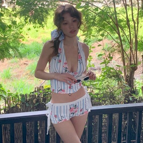 泳衣女法式复古玫瑰分体比基尼