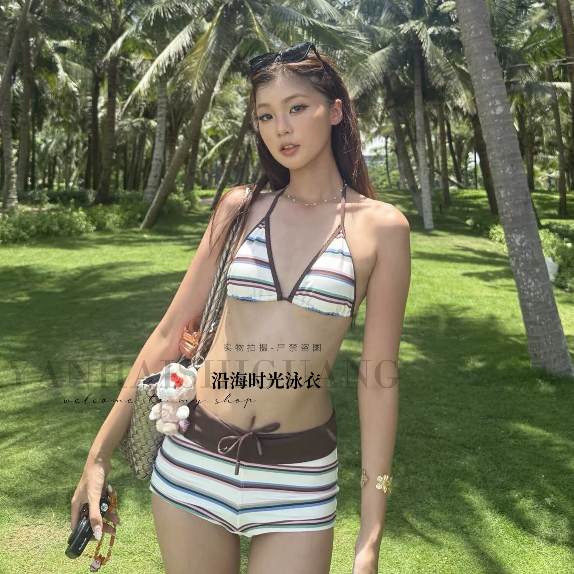 泳衣女复古性感条纹绑带撞色平角比基尼小胸聚拢温泉沙滩度假泳装,运动/瑜伽/健身/球迷用品,比基尼,淘宝优惠券,粉丝福利购,淘宝优惠卷