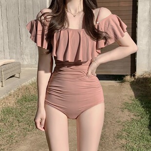 泳衣女 ins风连体三角荷叶比基尼性感小胸聚拢显瘦遮肚温泉游泳装