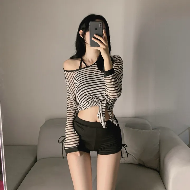 泳衣女高级感条纹罩衫分体比基尼平角三件套性感显瘦度假温泉泳装