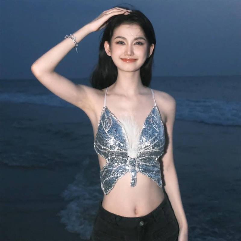 网红单独比基尼上衣胸垫亮片蝴蝶