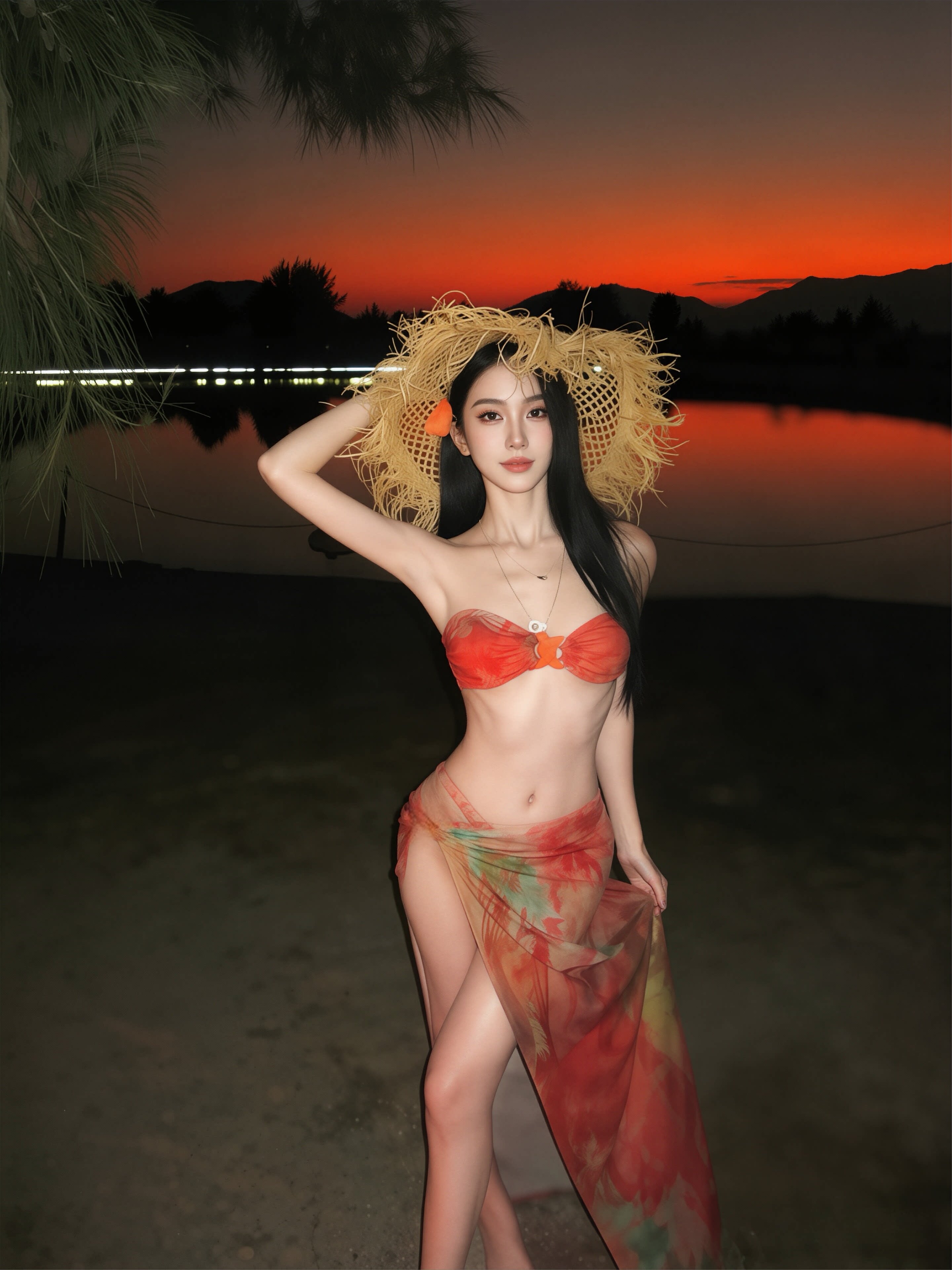 泳衣女分体性感绝美橙色抹胸比基尼长裙三件套小胸聚拢度假风温泉