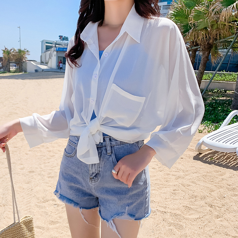 比基尼搭配白色雪紡開衫防曬衣女