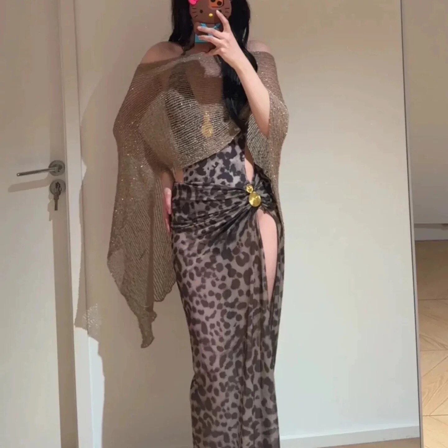 泳衣女老钱风豹纹网纱长裙性感连体高级感绑带露背V领 度假风温柔