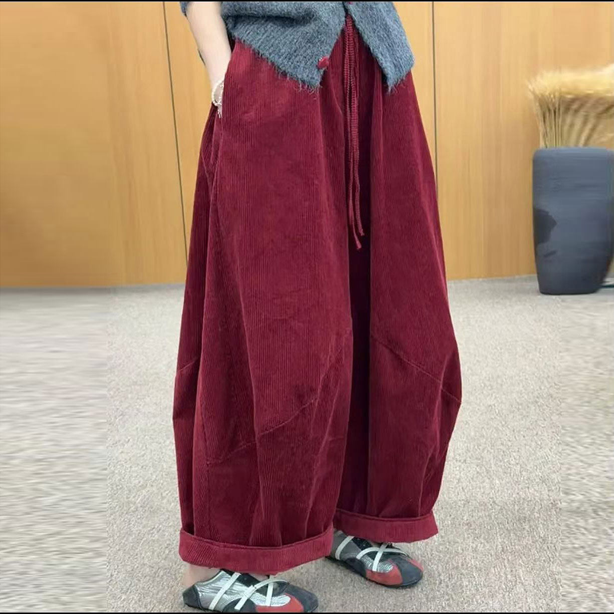 微胖灯芯绒休闲直筒膝盖鼓包茧型长裤宽松显瘦拽姐丑萌阔腿裤秋冬